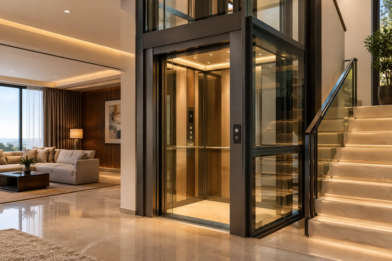 A glass and bronze home lift beside the staircase of a Bengaluru villa, with the living room behind